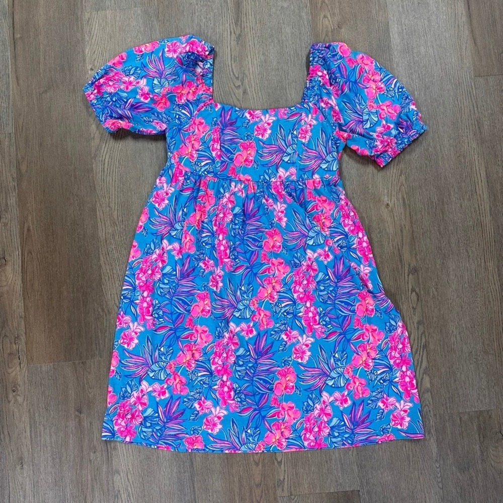 Lilly Pulitzer Delaney Dress Blue Pink Tropical Floral Puff Sleeve Size 4 Preppy